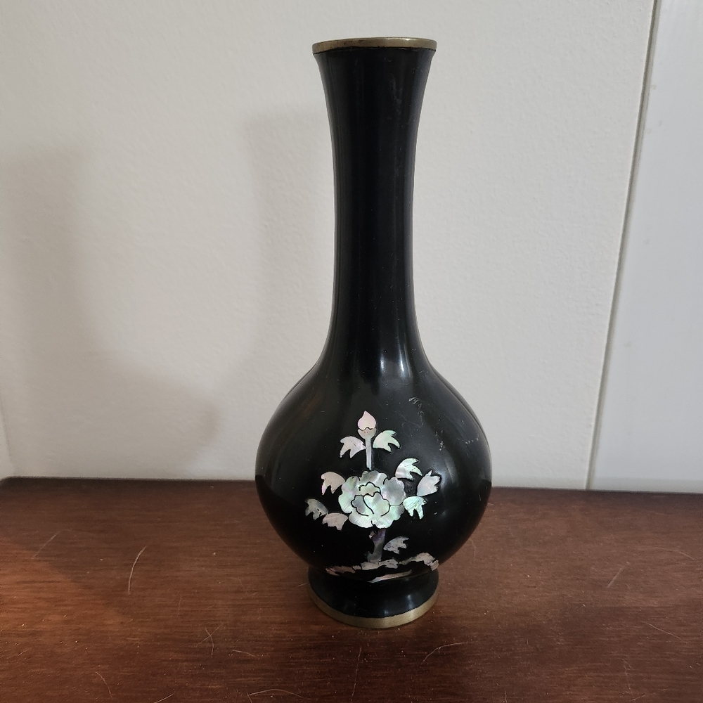 Elegant Black Lacquer Brass Vase with Floral Design